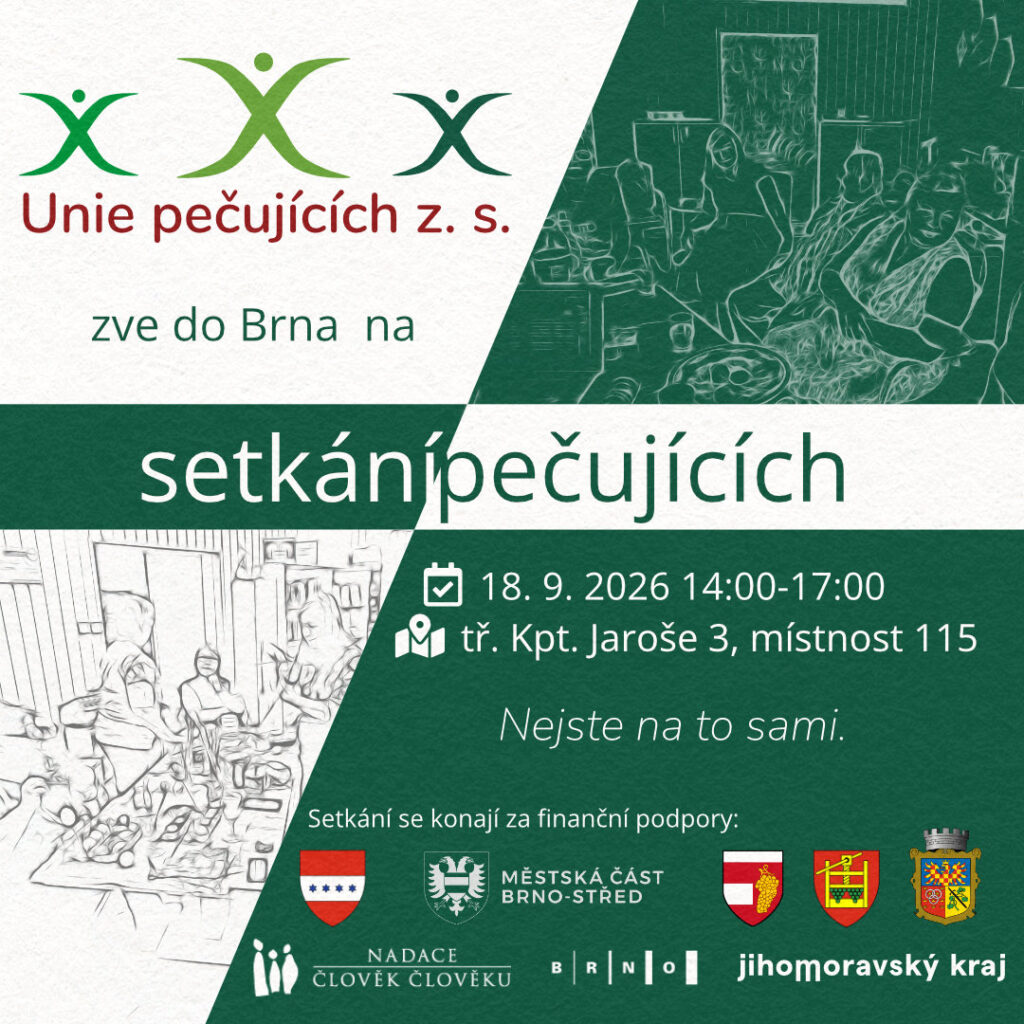 Srdečně zveme na zářijové setkání pečujících 18. 9. od 14. hodiny. Jako vždy na tř. Kpt. Jaroše 3 v Brně.